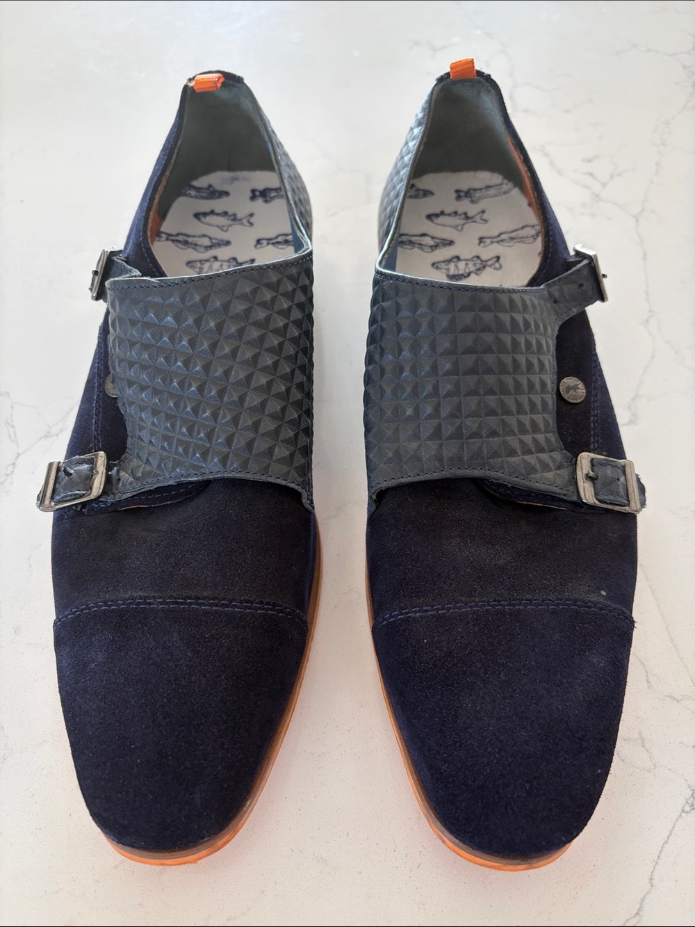 Men's Suede Monk Strap Shoes in Navy Bluet A FISH NAMED FRED elegant shoes